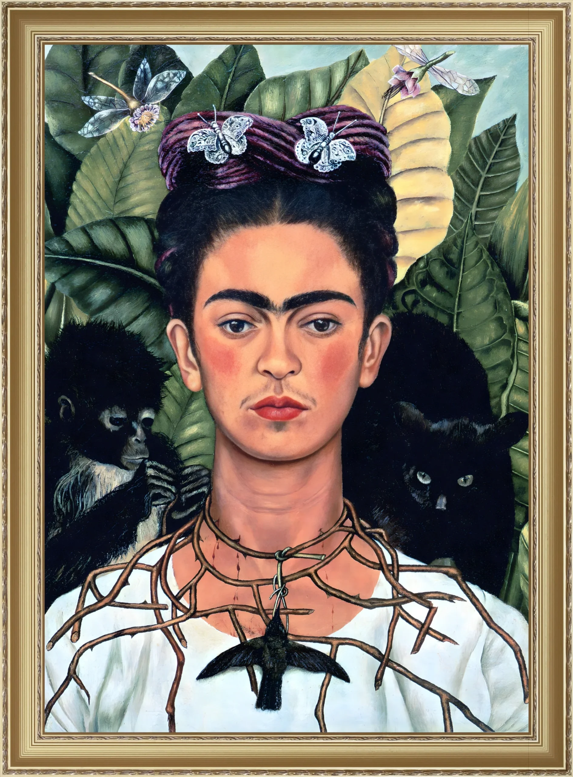 Autorretrato de Frida Kahlo con collar de espinas y colibri negro scaled Autorretrato de Frida Kahlo con collar de espinas y colibrí negro