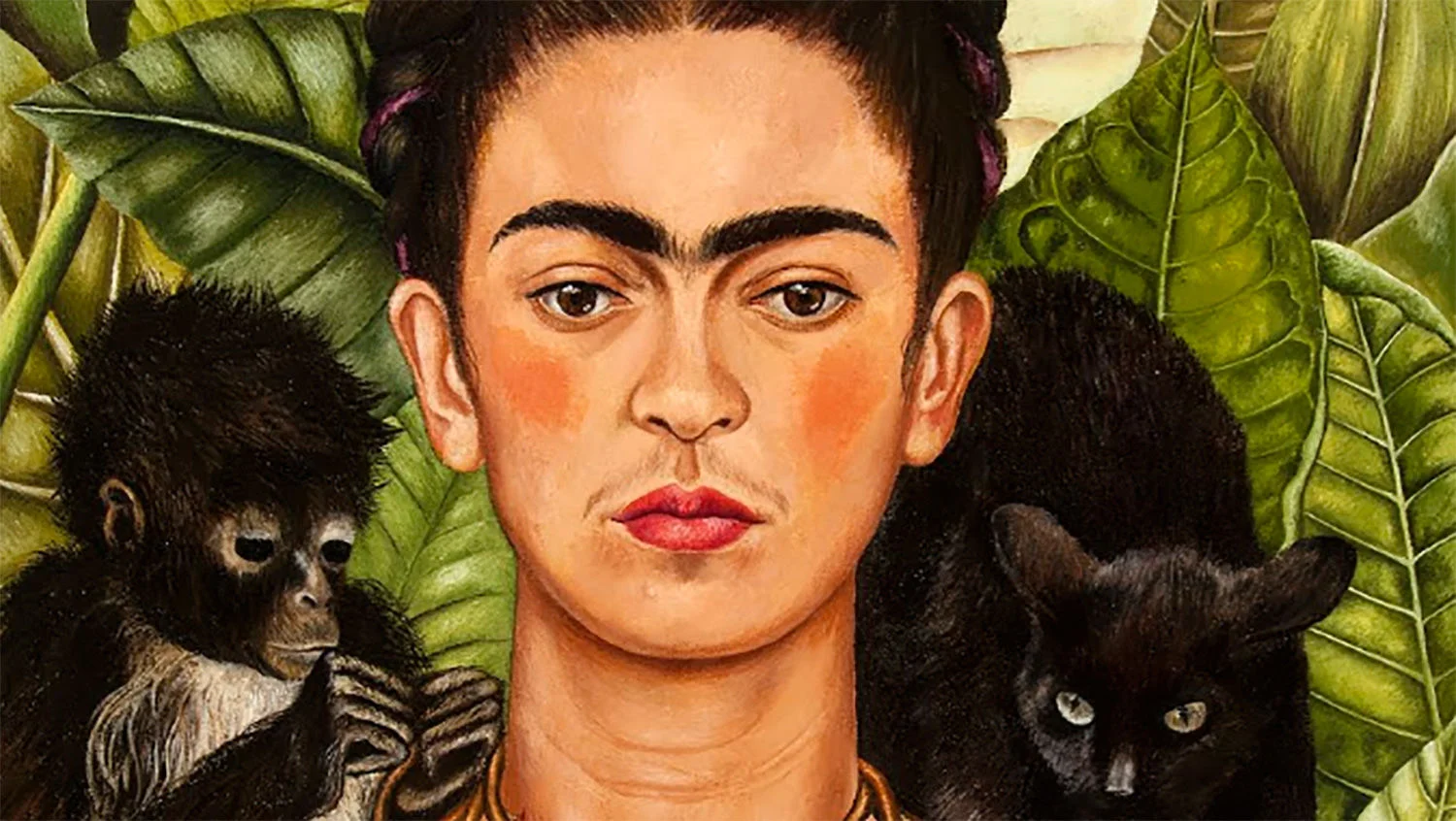 Autorretrato de Frida Kahlo rodeada de monos entre hojas verdes Autorretrato de Frida Kahlo rodeada de monos entre hojas verdes