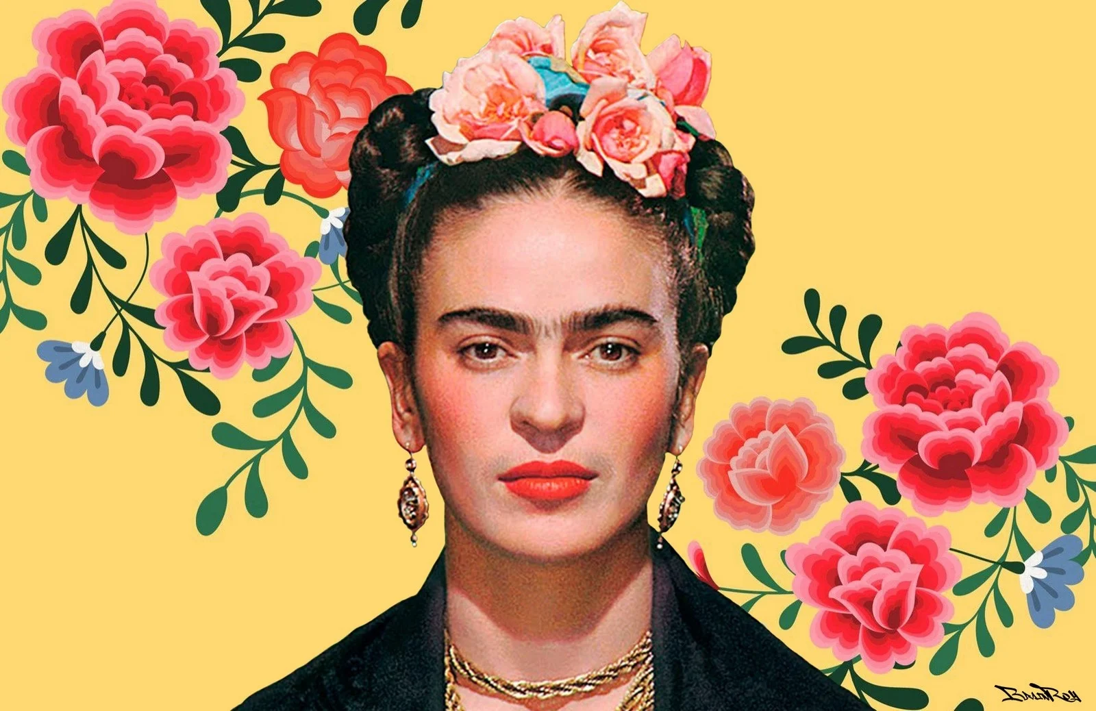 Frida Kahlo con fondo colorido y expresion intensa Frida Kahlo con fondo colorido y expresión intensa