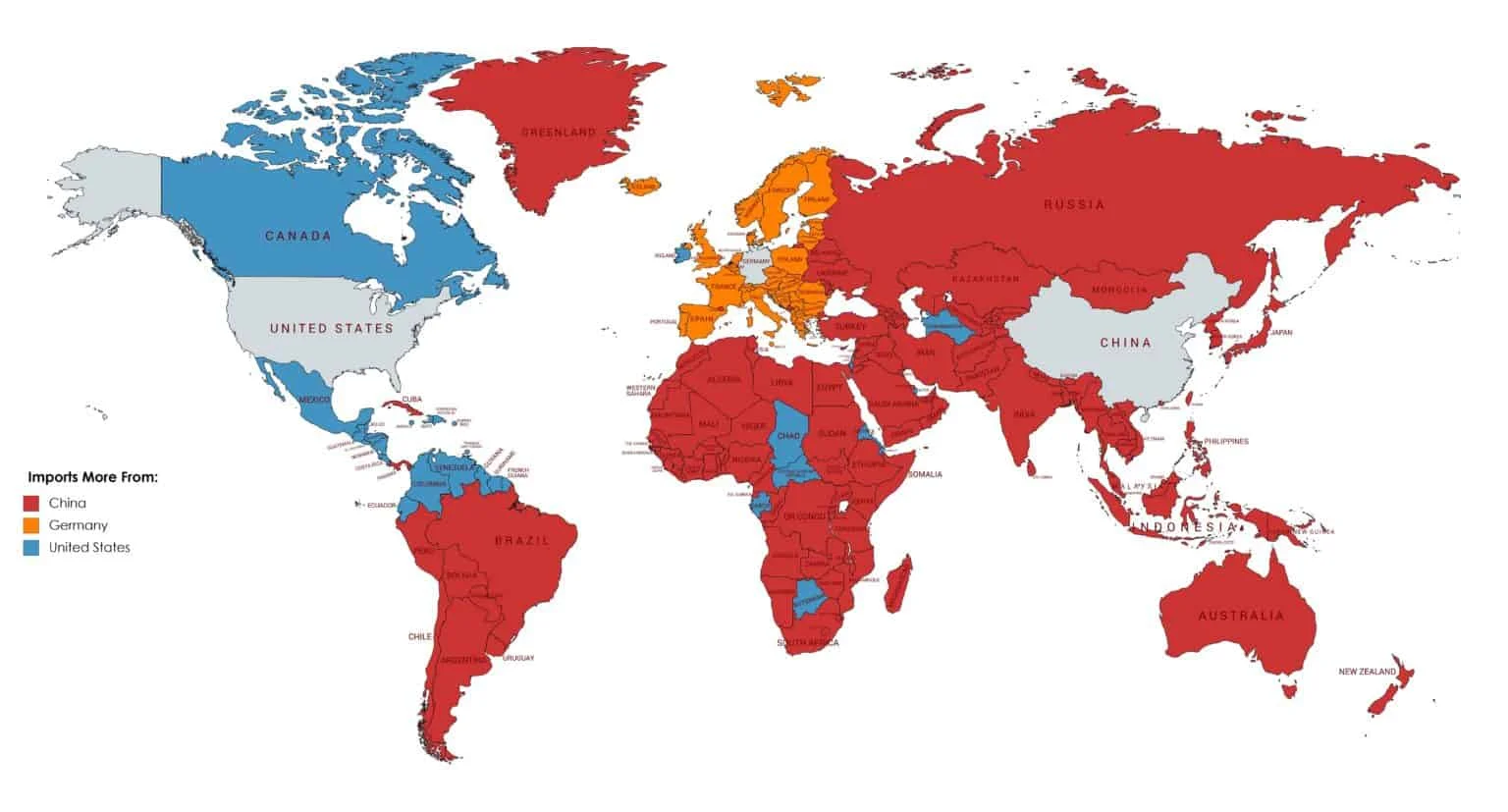 Mapa mundi con China y Estados Unidos resaltados Mapa mundi con China y Estados Unidos resaltados