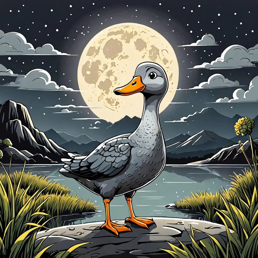Ilustracion del pato mirando su reflejo lunar Ilustración del pato mirando su reflejo lunar